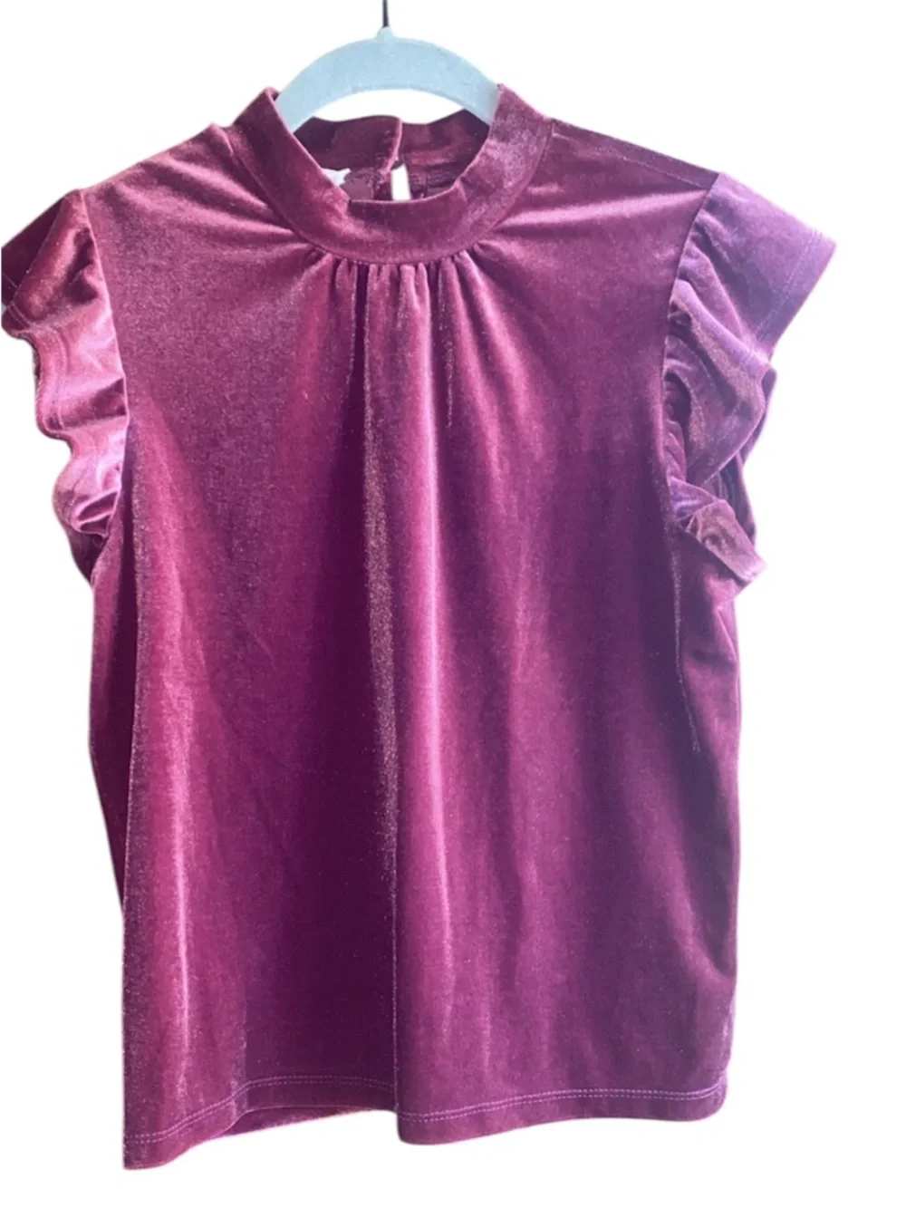 OLIVE + OAK Burgundy Velvet Mock Neck Ruffle Sleeve Blouse Women's S - Picture 2 of 5